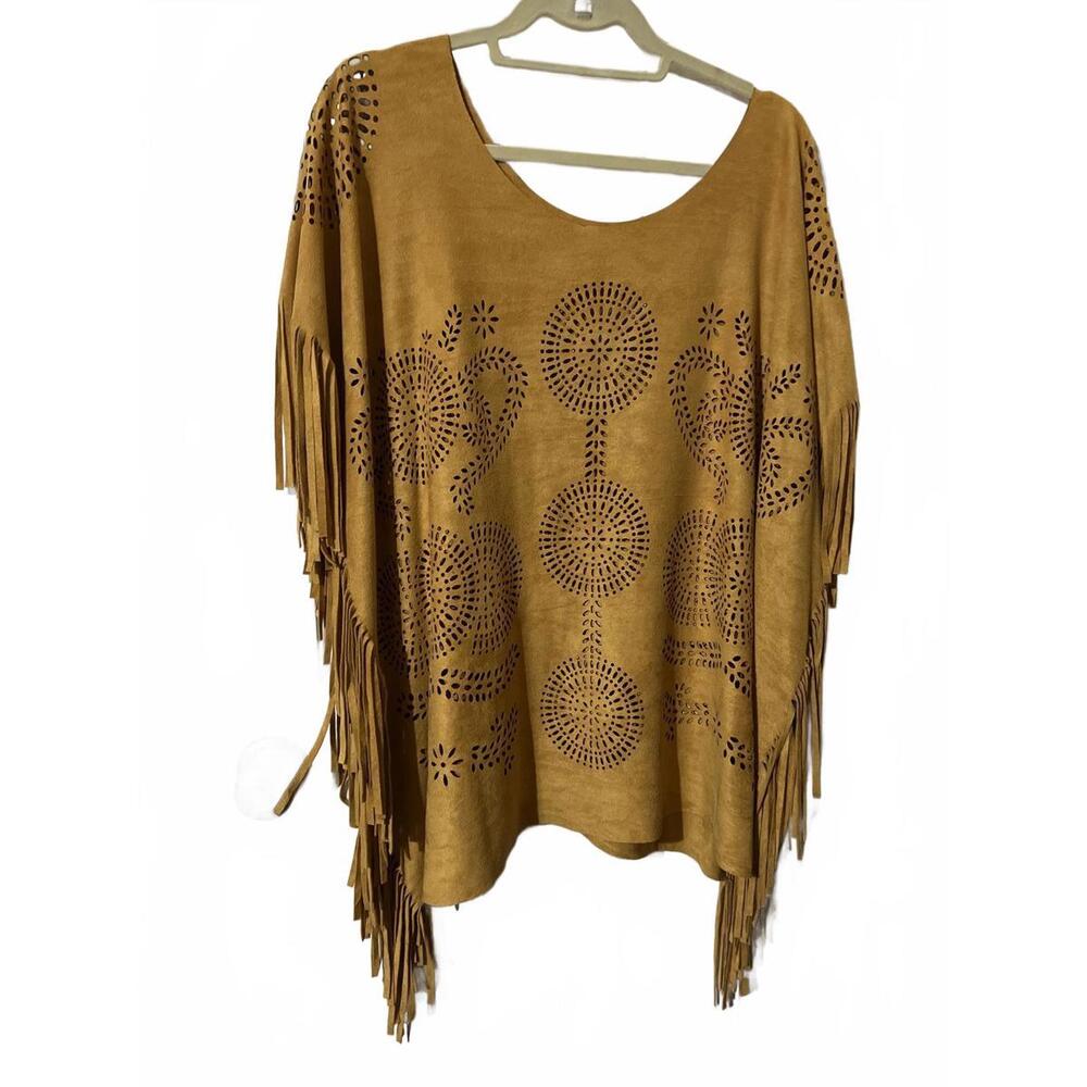 Step in Style Bohemian Mustard Faux Suede Fringe Poncho OSFM - Picture 2 of 5